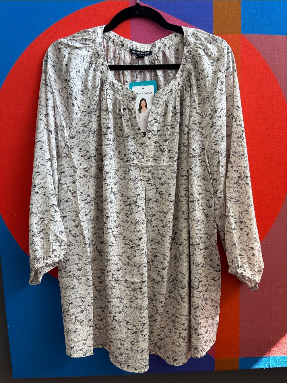 Hilary Radley White and Black Marble-Print V-Neck Tunic Blouse